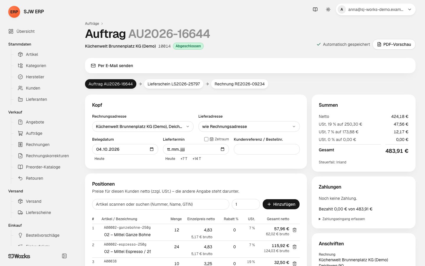 Auftrag in SJW ERP mit Positionen, Summen und der Vorgangskette Auftrag, Lieferschein, Rechnung