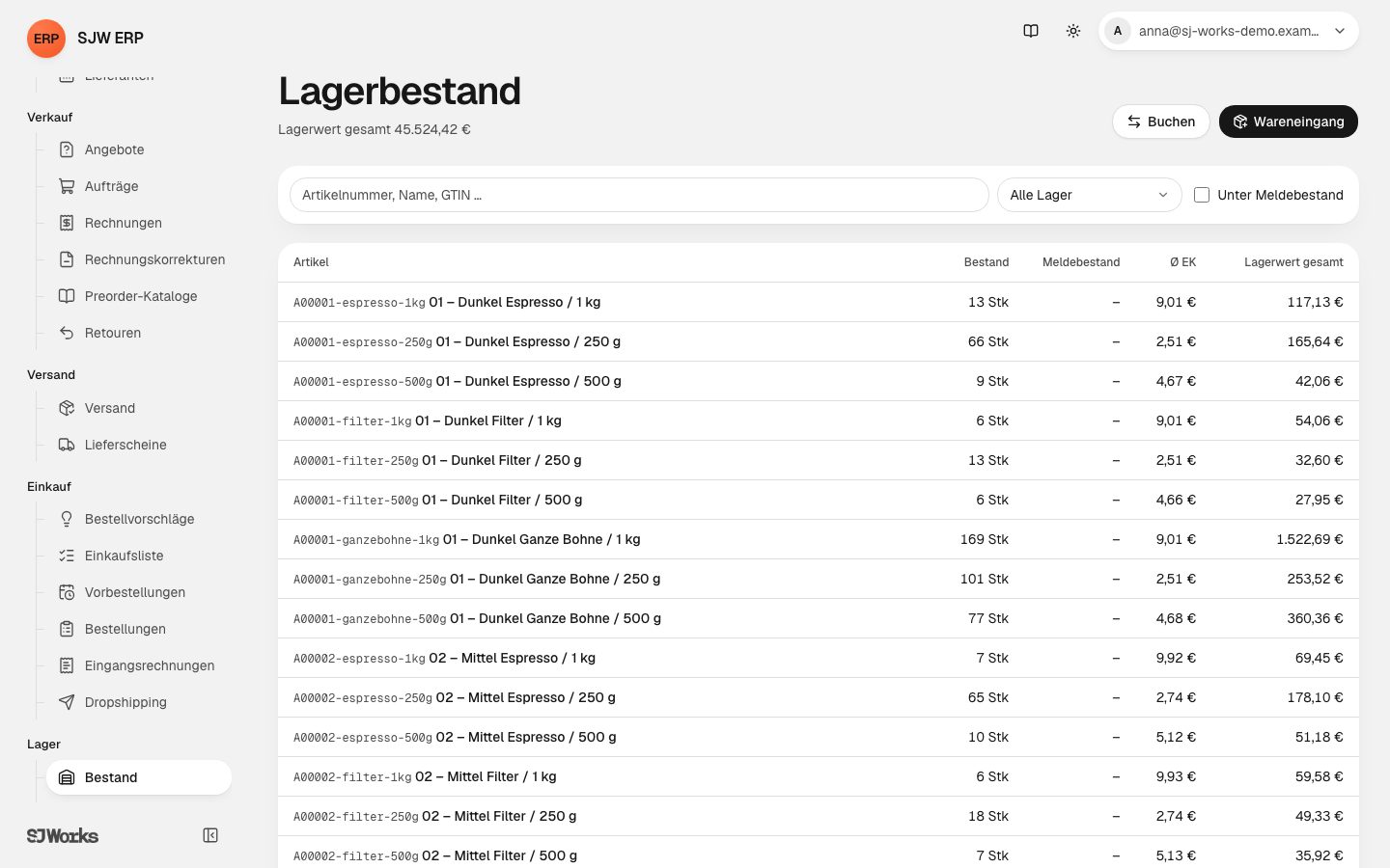 Lagerbestand in SJW ERP mit Bestand, Meldebestand, Einkaufspreis und Lagerwert je Artikel