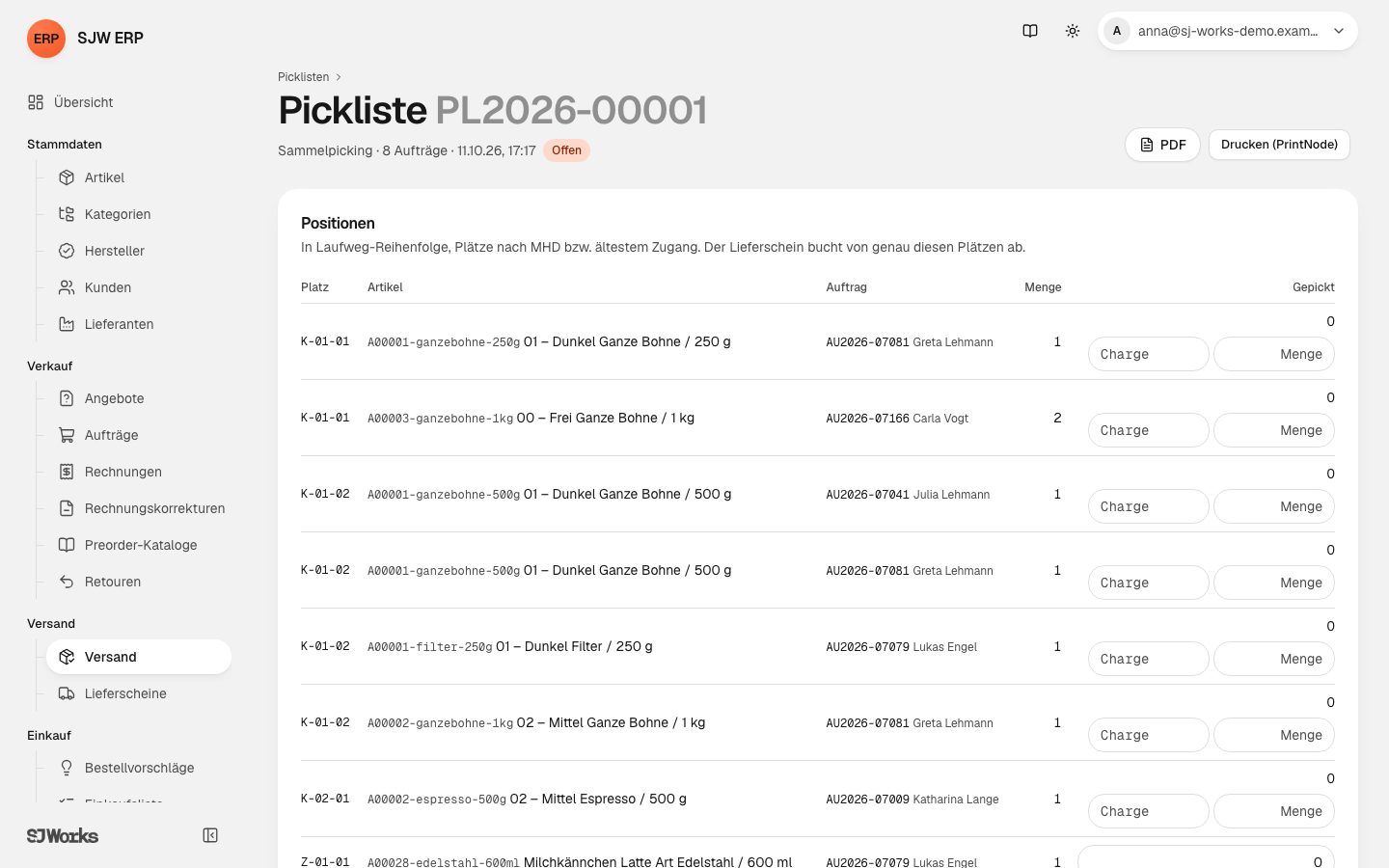 Pickliste in SJW ERP als Sammelpicking über fünf Aufträge, sortiert nach Lagerplatz