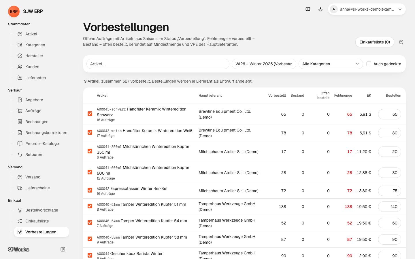 Vorbestellungen in SJW ERP: vorbestellte Mengen je Artikel einer Saison mit Fehlmenge und Bestellvorschlag je Lieferant
