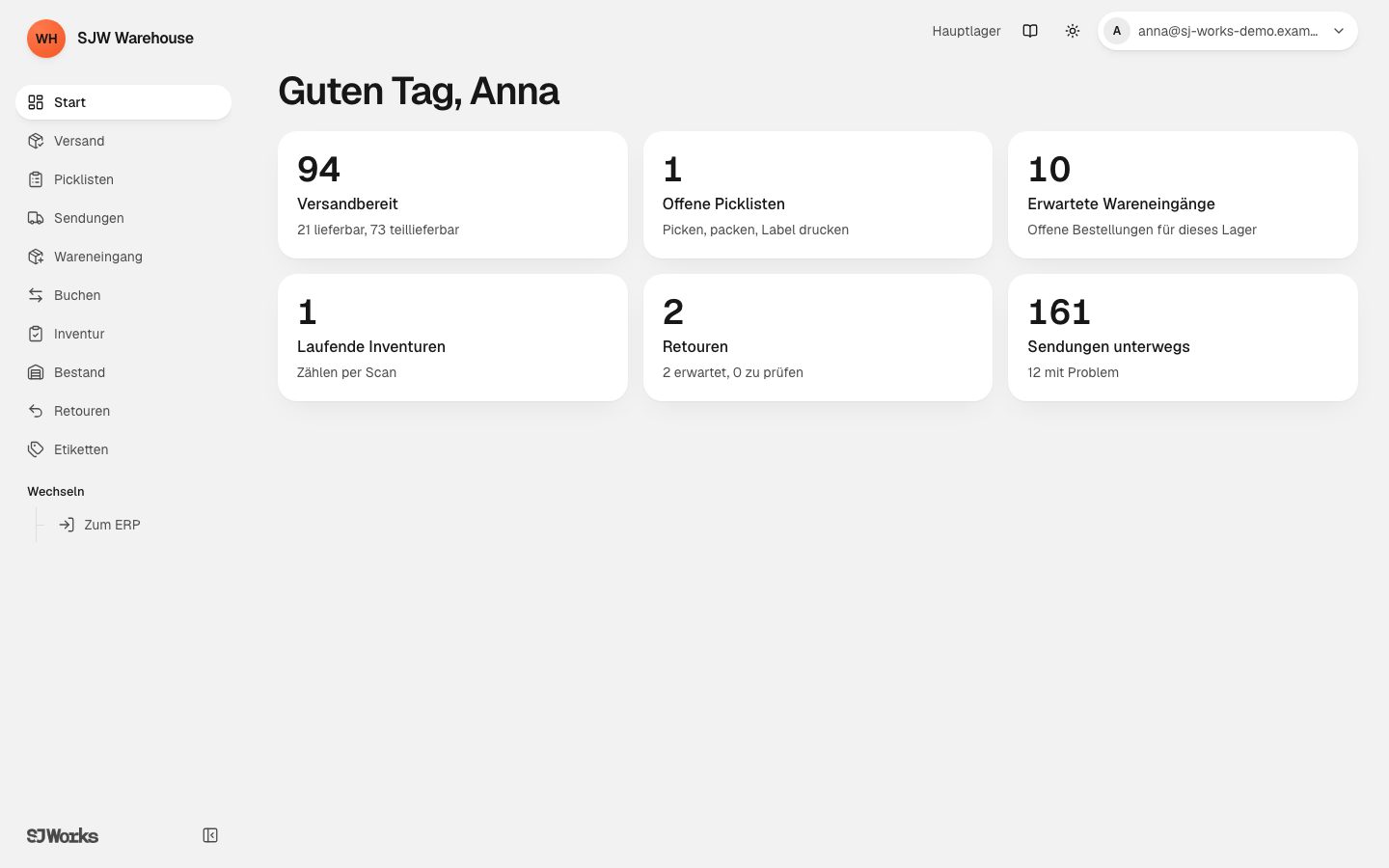 Startseite von SJW Warehouse mit versandbereiten Aufträgen, offenen Picklisten, erwarteten Wareneingängen, Inventuren, Retouren und Sendungen