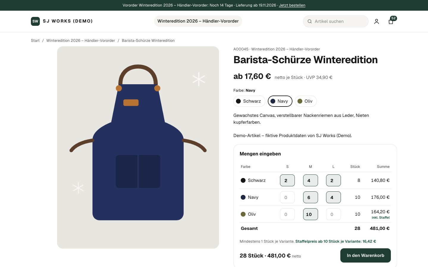 Artikelseite im Händlerportal von SJW Preorder: Mengen-Tabelle Farbe mal Größe mit Staffelpreis und Summe