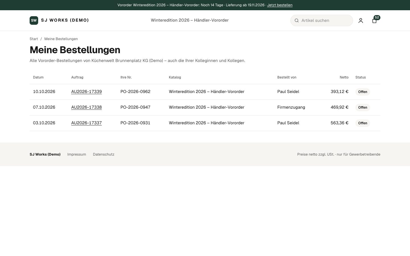 Meine Bestellungen im Händlerportal von SJW Preorder: Aufträge der Firma mit Besteller, Nettosumme und Status