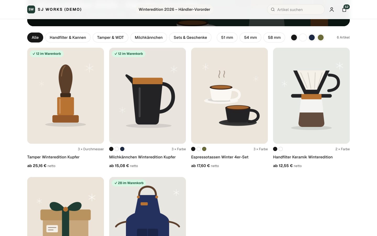 Katalog im Händlerportal von SJW Preorder: Artikel der Winteredition mit Filter nach Kategorie, Größe und Farbe und den Mengen im Warenkorb