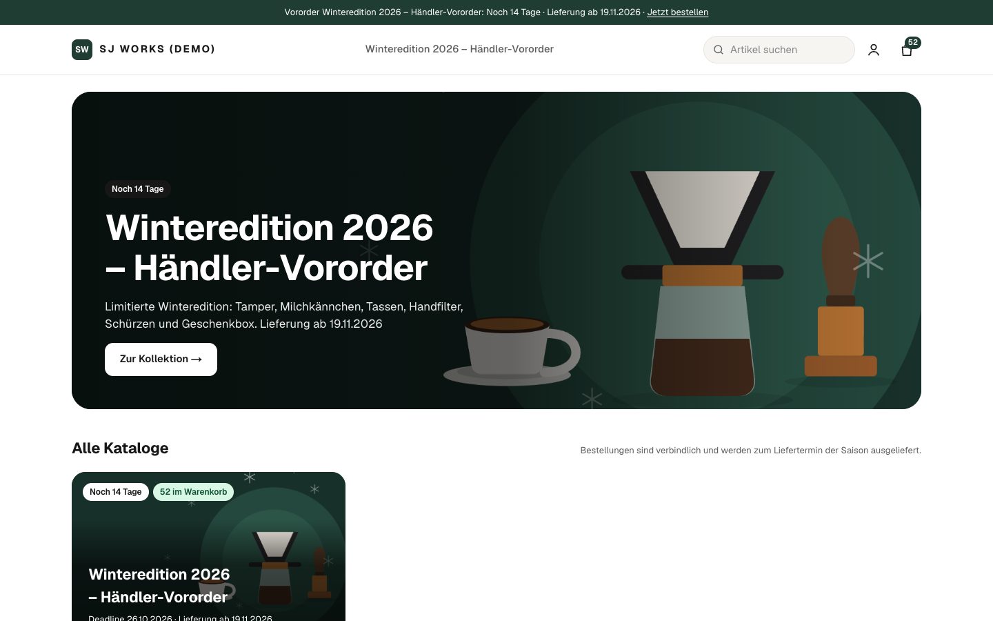 Startseite des Händlerportals von SJW Preorder: Banner des Katalogs Winteredition 2026 mit verbleibenden Tagen bis zur Deadline und Liefertermin