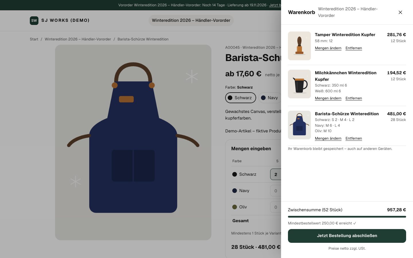 Warenkorb im Händlerportal von SJW Preorder mit Positionen je Variante, Zwischensumme und erreichtem Mindestbestellwert